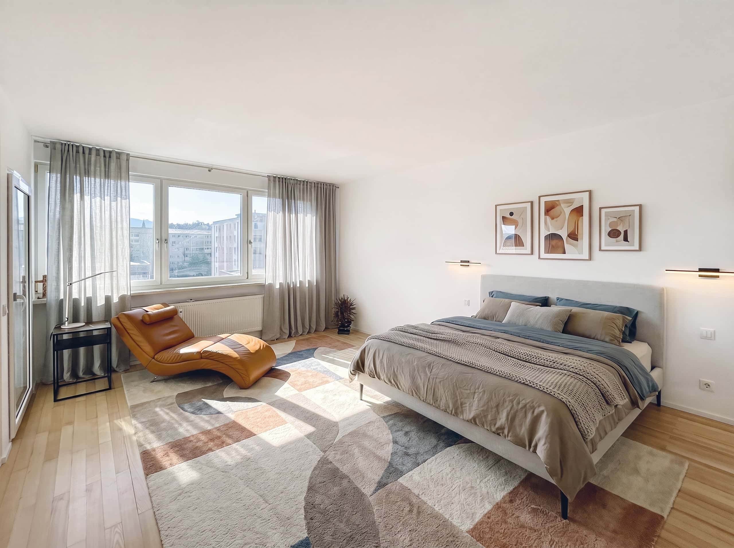 Apartment kaufen in Salzburg — großzügiges und helles Schlafzimmer – Bild KI generiert